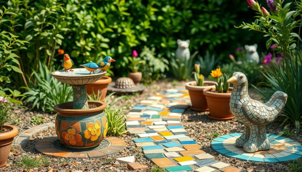 Kreative Gartendekoration mit Fliesenresten